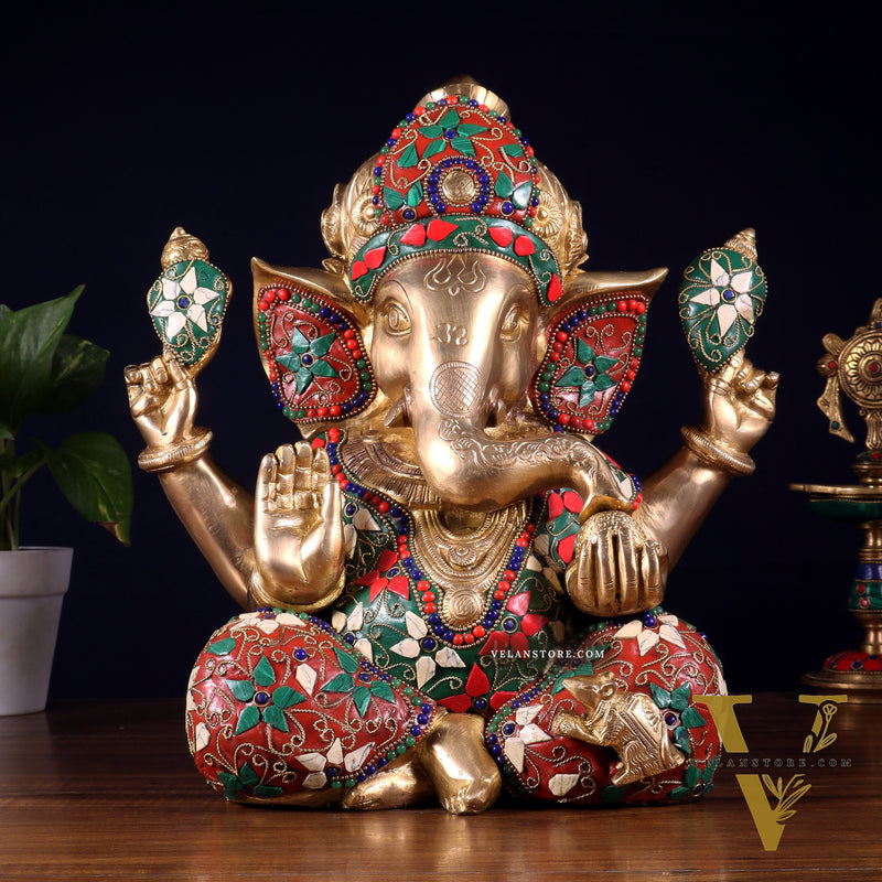 Pure Brass Crown Ganesha Statue – Sharp Features meenakari Stonework 13 inch