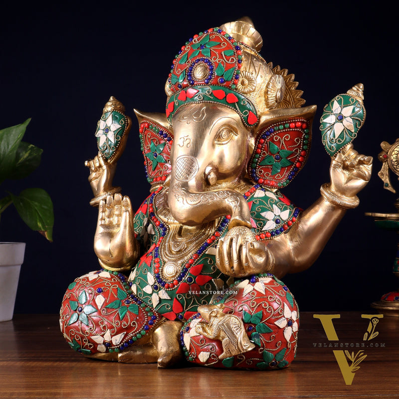 Pure Brass Crown Ganesha Statue – Sharp Features meenakari Stonework 13 inch