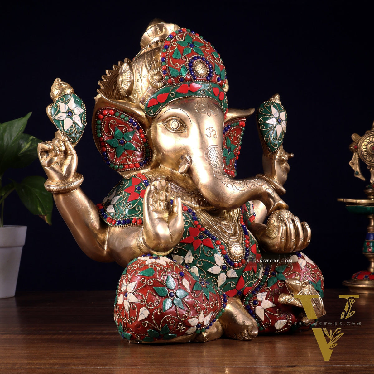Pure Brass Crown Ganesha Statue – Sharp Features meenakari Stonework 13 inch