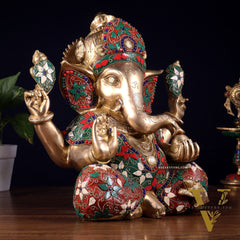 Pure Brass Crown Ganesha Statue – Sharp Features meenakari Stonework 13 inch