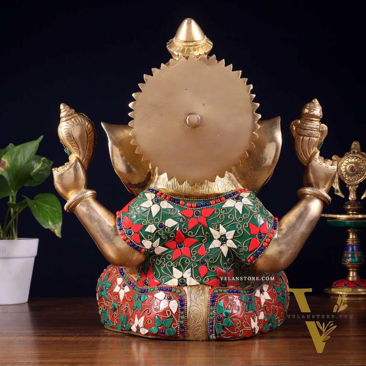 Pure Brass Crown Ganesha Statue – Sharp Features meenakari Stonework 13 inch