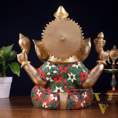 Pure Brass Crown Ganesha Statue – Sharp Features meenakari Stonework 13 inch