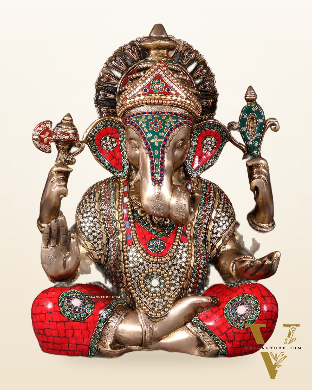 Pure Brass Dagduseth Ganapati in Saadhna – ring stones Meenakari Stonework 18"