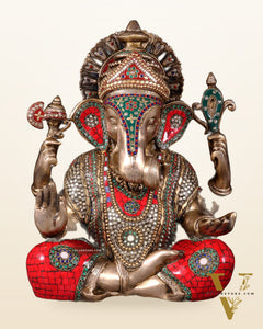Pure Brass Dagduseth Ganapati in Saadhna – ring stones Meenakari Stonework 18"