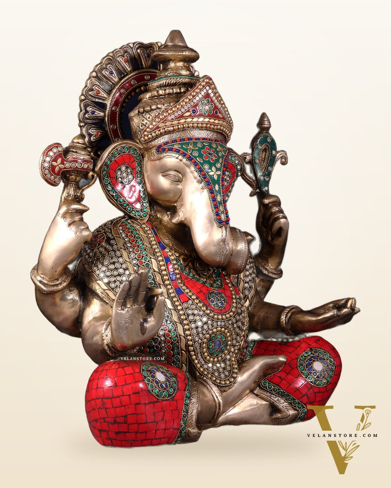 Pure Brass Dagduseth Ganapati in Saadhna – ring stones Meenakari Stonework 18"