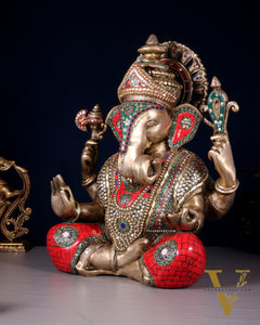 Pure Brass Dagduseth Ganapati in Saadhna – ring stones Meenakari Stonework 18"