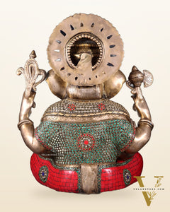 Pure Brass Dagduseth Ganapati in Saadhna – ring stones Meenakari Stonework 18"