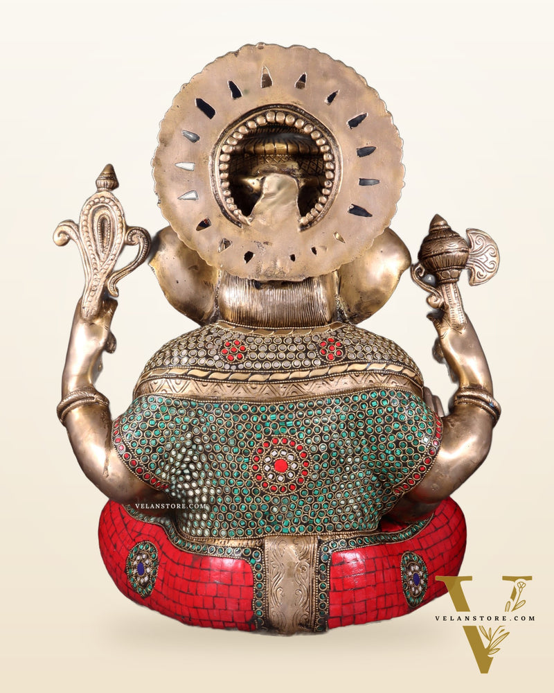 Pure Brass Dagduseth Ganapati in Saadhna – ring stones Meenakari Stonework 18"