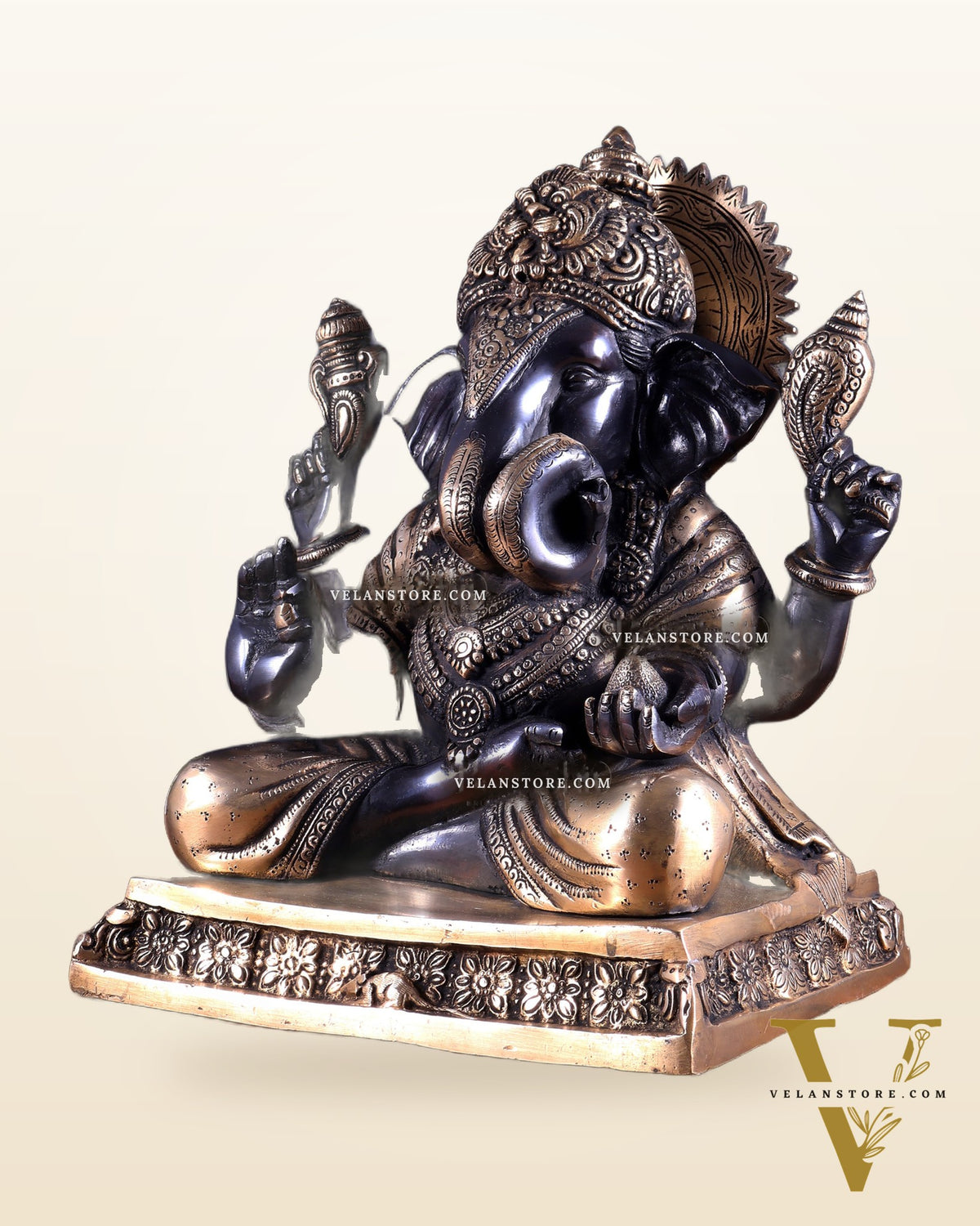 Pure Brass Dagdusheth Ganapati – Heat Treated Black & Gold Finish 12 inch