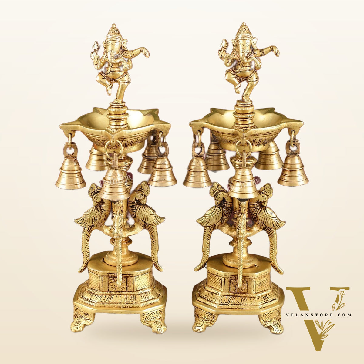 Pure Brass Dancing Ganesha Lamps with Peacocks Superfine Quality