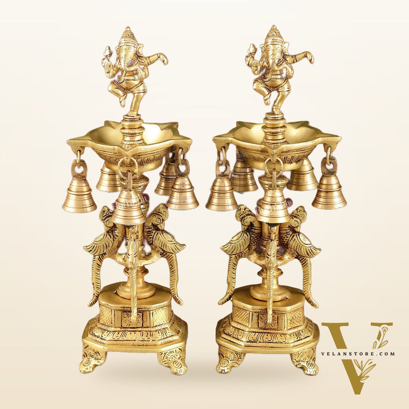 Pure Brass Dancing Ganesha Lamps with Peacocks Superfine Quality