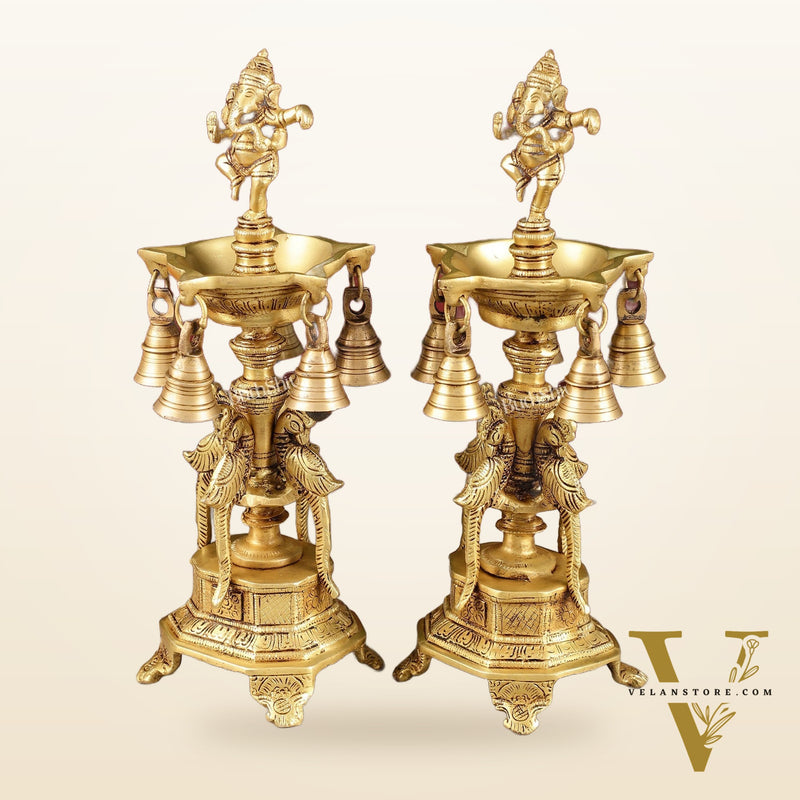 Pure Brass Dancing Ganesha Lamps with Peacocks Superfine Quality