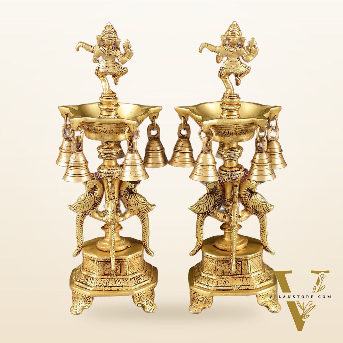 Pure Brass Dancing Ganesha Lamps with Peacocks Superfine Quality