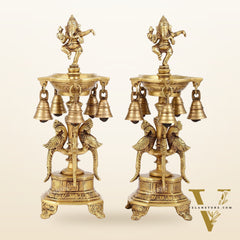 Pure Brass Dancing Ganesha Lamps with Peacocks Superfine Quality