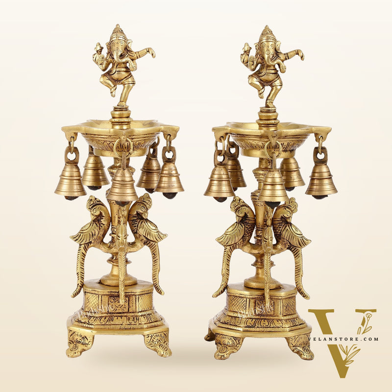 Pure Brass Dancing Ganesha Lamps with Peacocks Superfine Quality