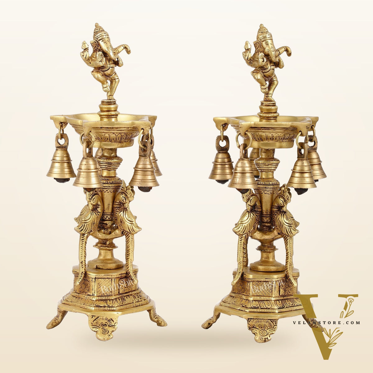 Pure Brass Dancing Ganesha Lamps with Peacocks Superfine Quality