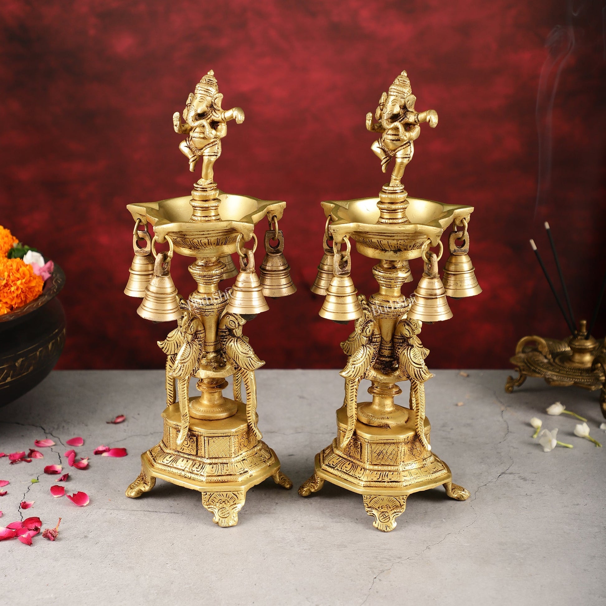 Pure Brass Dancing Ganesha Lamps with Peacocks Superfine Quality