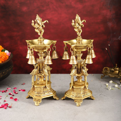 Pure Brass Dancing Ganesha Lamps with Peacocks Superfine Quality