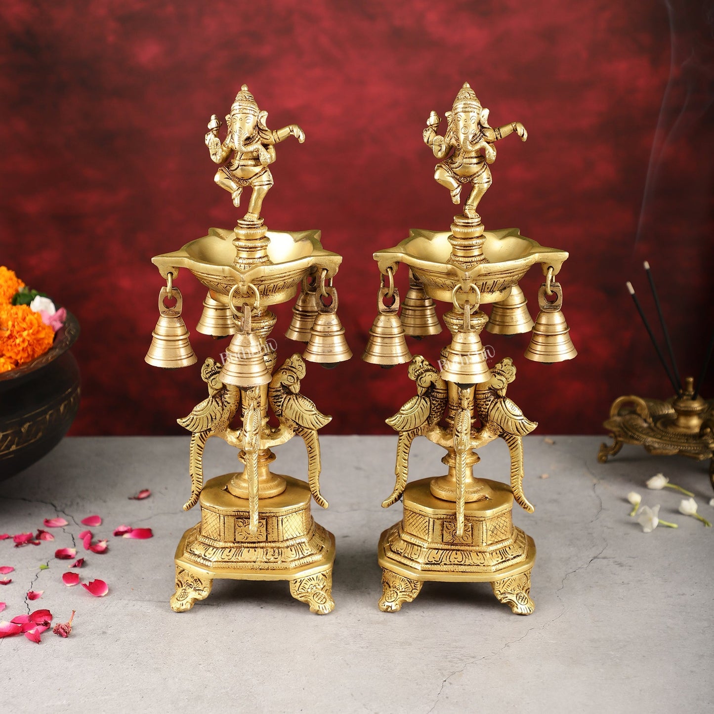 Pure Brass Dancing Ganesha Lamps with Peacocks Superfine Quality