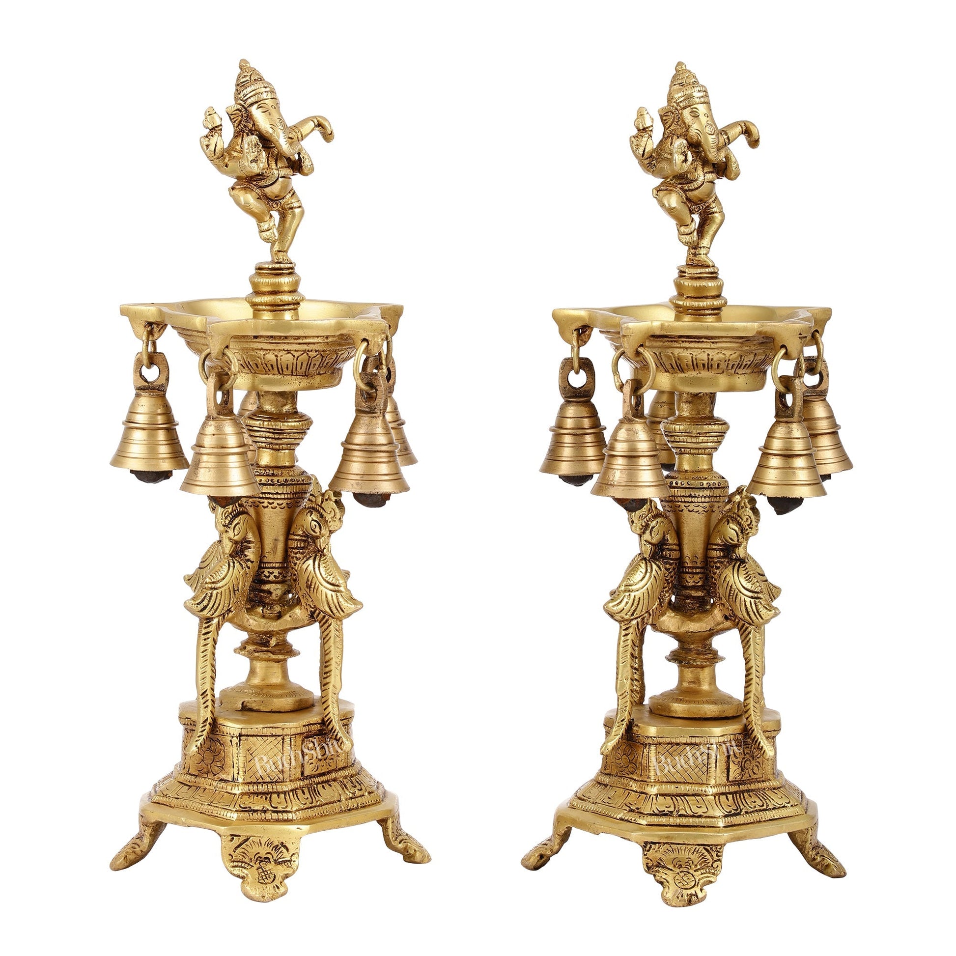 Pure Brass Dancing Ganesha Lamps with Peacocks Superfine Quality