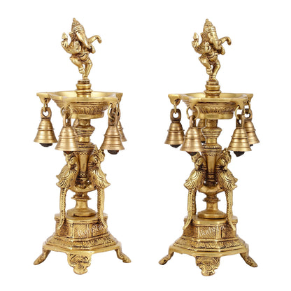 Pure Brass Dancing Ganesha Lamps with Peacocks Superfine Quality