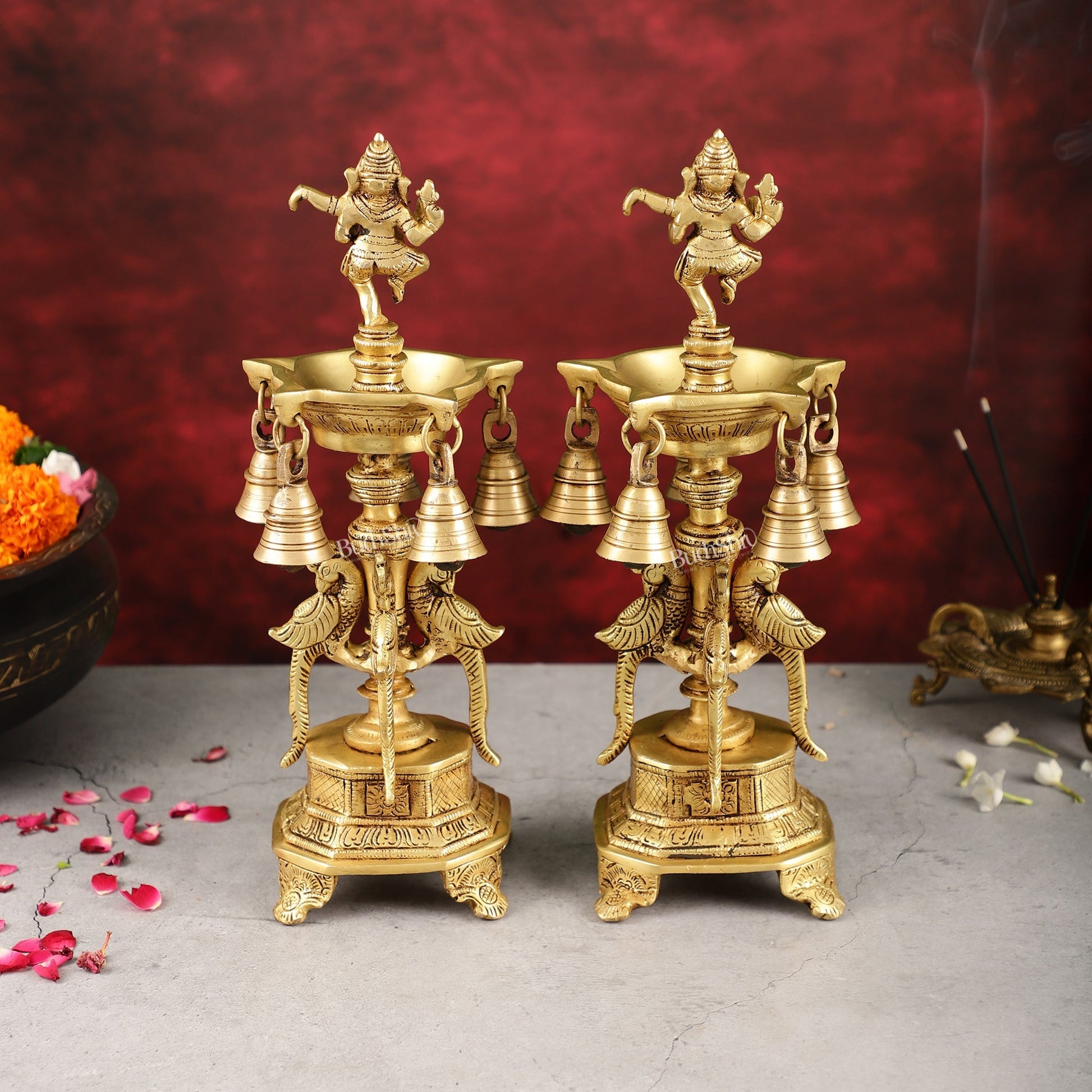 Pure Brass Dancing Ganesha Lamps with Peacocks Superfine Quality