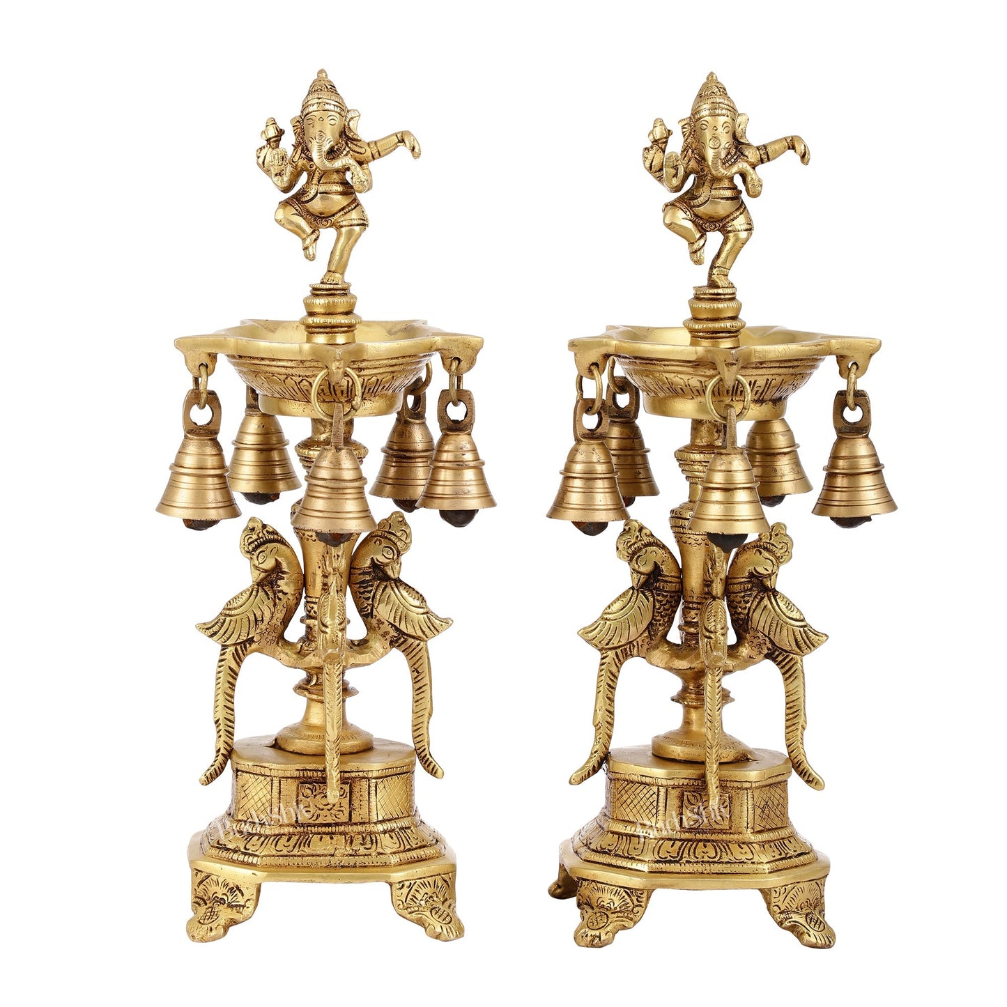 Pure Brass Dancing Ganesha Lamps with Peacocks Superfine Quality