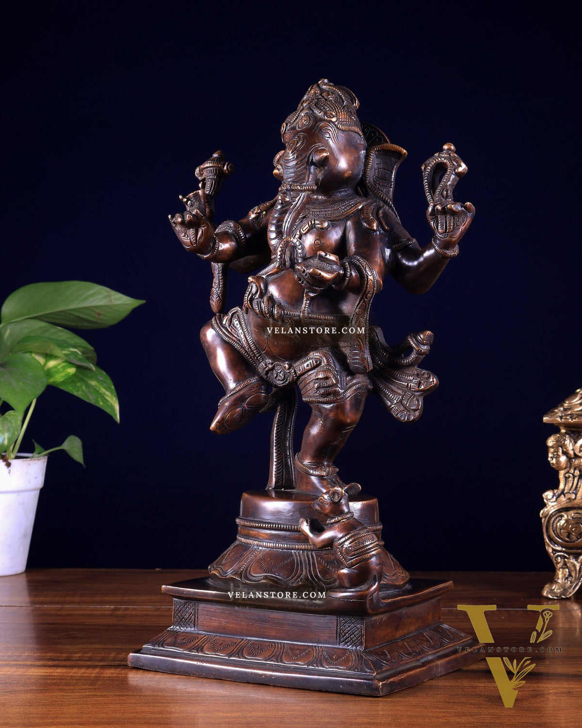 Pure Brass Dancing Ganesha Statue dark chocolate tone 13 inch