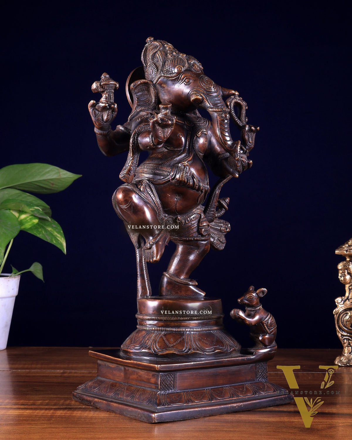 Pure Brass Dancing Ganesha Statue dark chocolate tone 13 inch