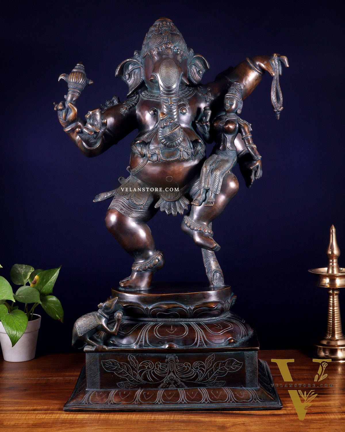Pure Brass Dancing Ganesha with Siddhi on Lap – Maha Ganapati Chola Style Sculpture 29"