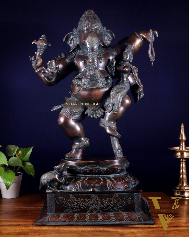 Pure Brass Dancing Ganesha with Siddhi on Lap – Maha Ganapati Chola Style Sculpture 29"