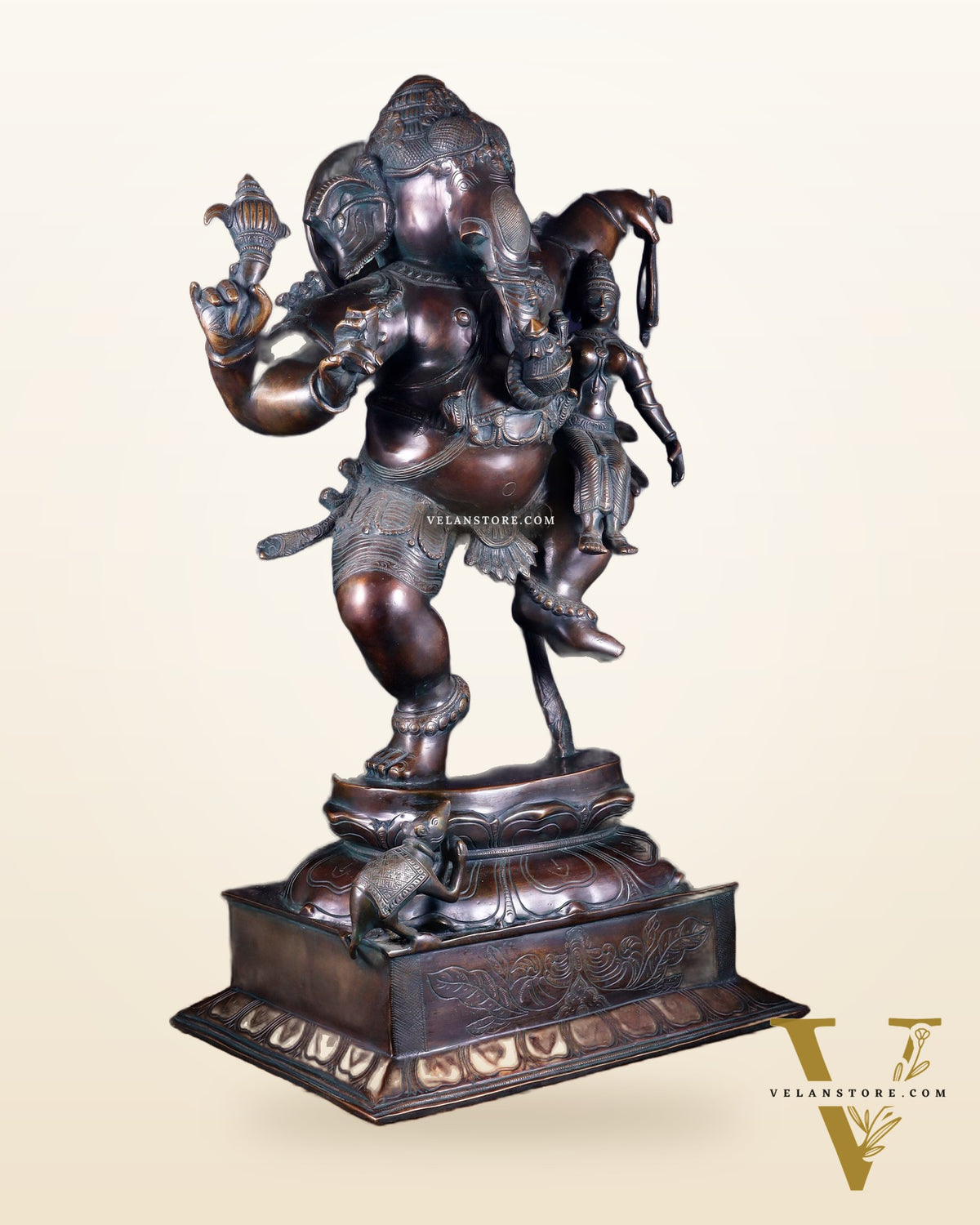 Pure Brass Dancing Ganesha with Siddhi on Lap – Maha Ganapati Chola Style Sculpture 29"