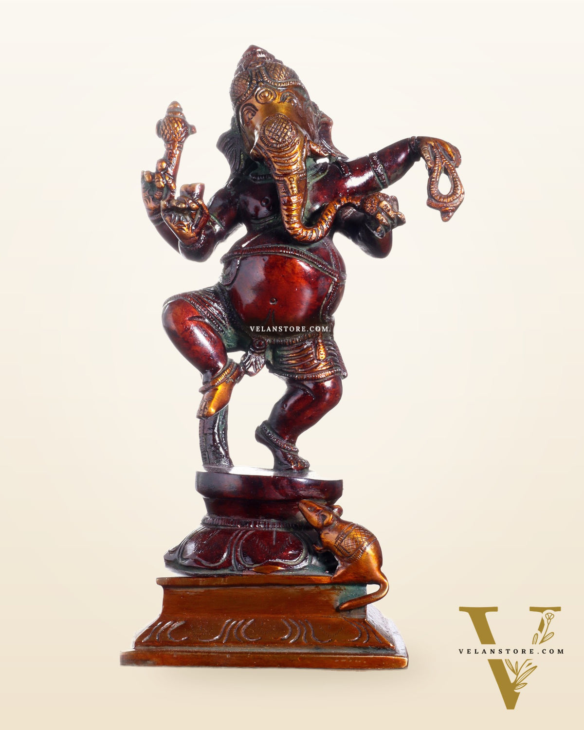 Pure Brass Dancing Ganesha with Stone Inlay – Shiny Chola Tone Finish 9"