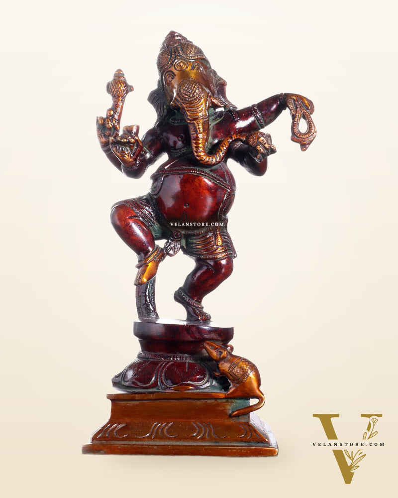 Pure Brass Dancing Ganesha with Stone Inlay – Shiny Chola Tone Finish 9"