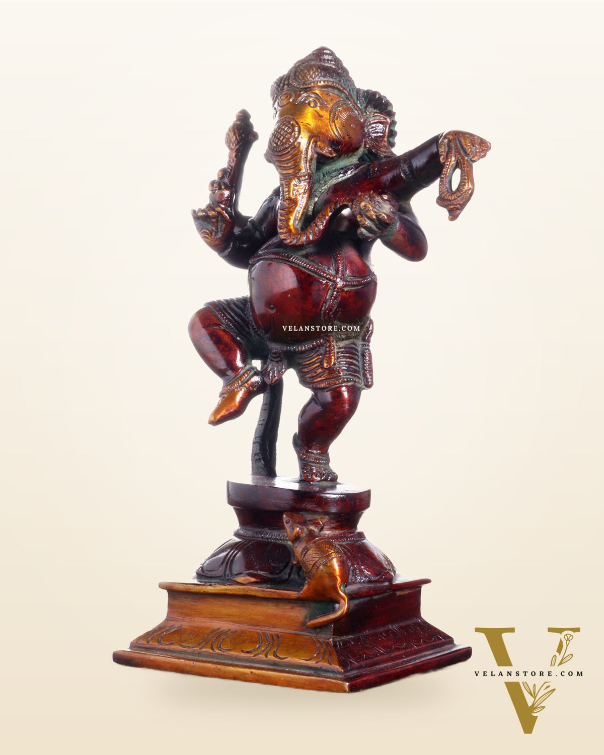 Pure Brass Dancing Ganesha with Stone Inlay – Shiny Chola Tone Finish 9"