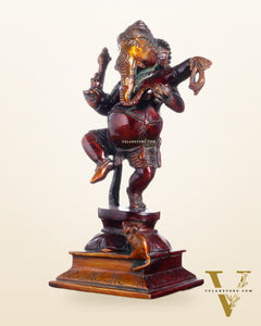 Pure Brass Dancing Ganesha with Stone Inlay – Shiny Chola Tone Finish 9"