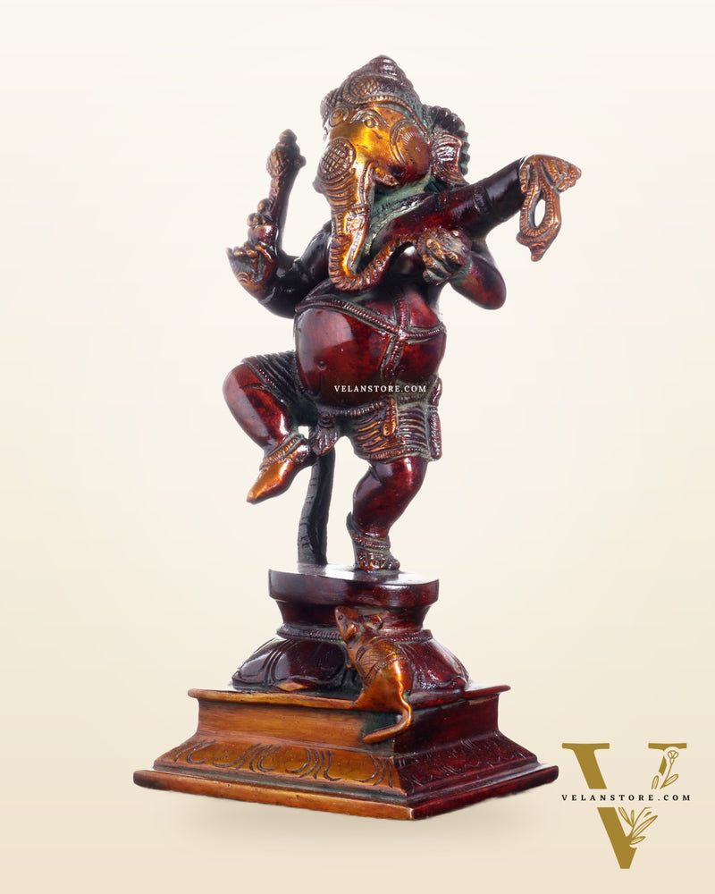 Pure Brass Dancing Ganesha with Stone Inlay – Shiny Chola Tone Finish 9"