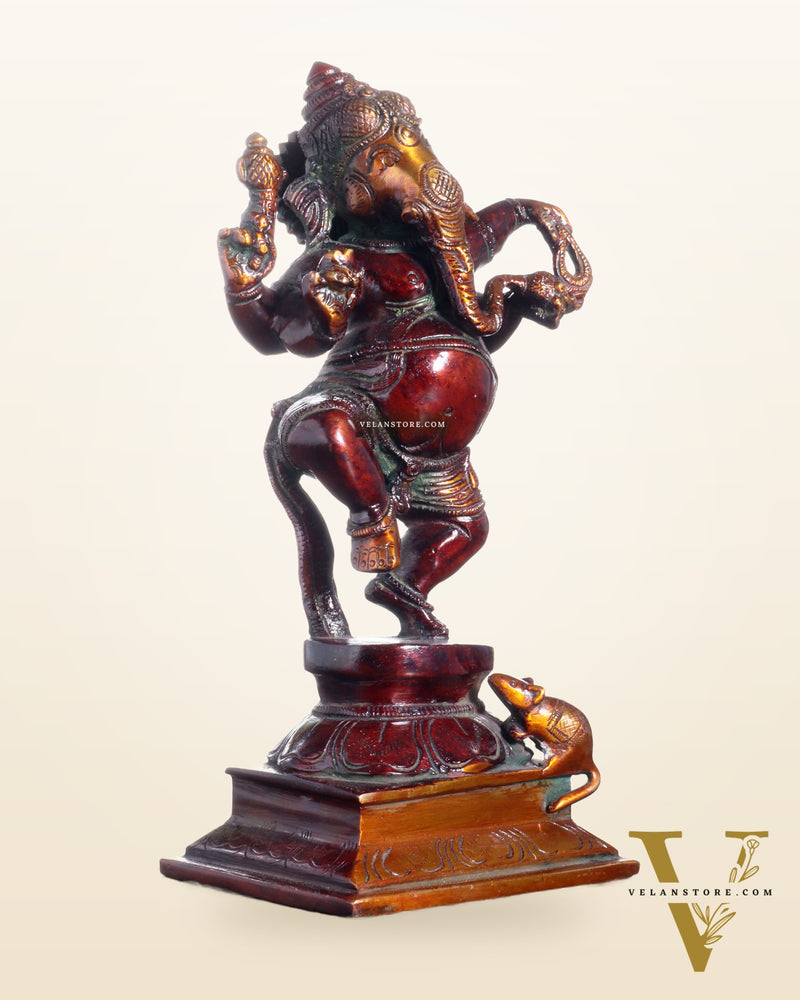 Pure Brass Dancing Ganesha with Stone Inlay – Shiny Chola Tone Finish 9"