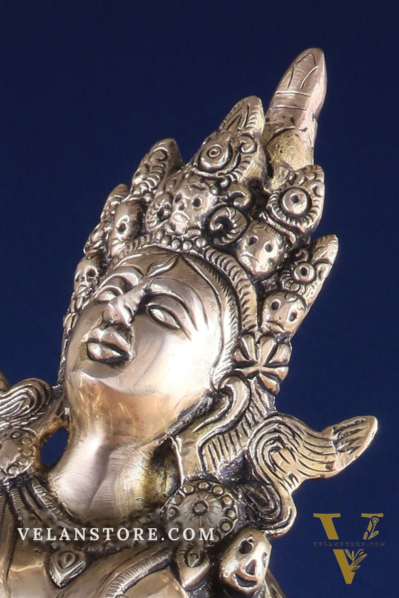 Pure Brass Dancing Kali Idol – Crowned & Adorned with Skull Garland 23"