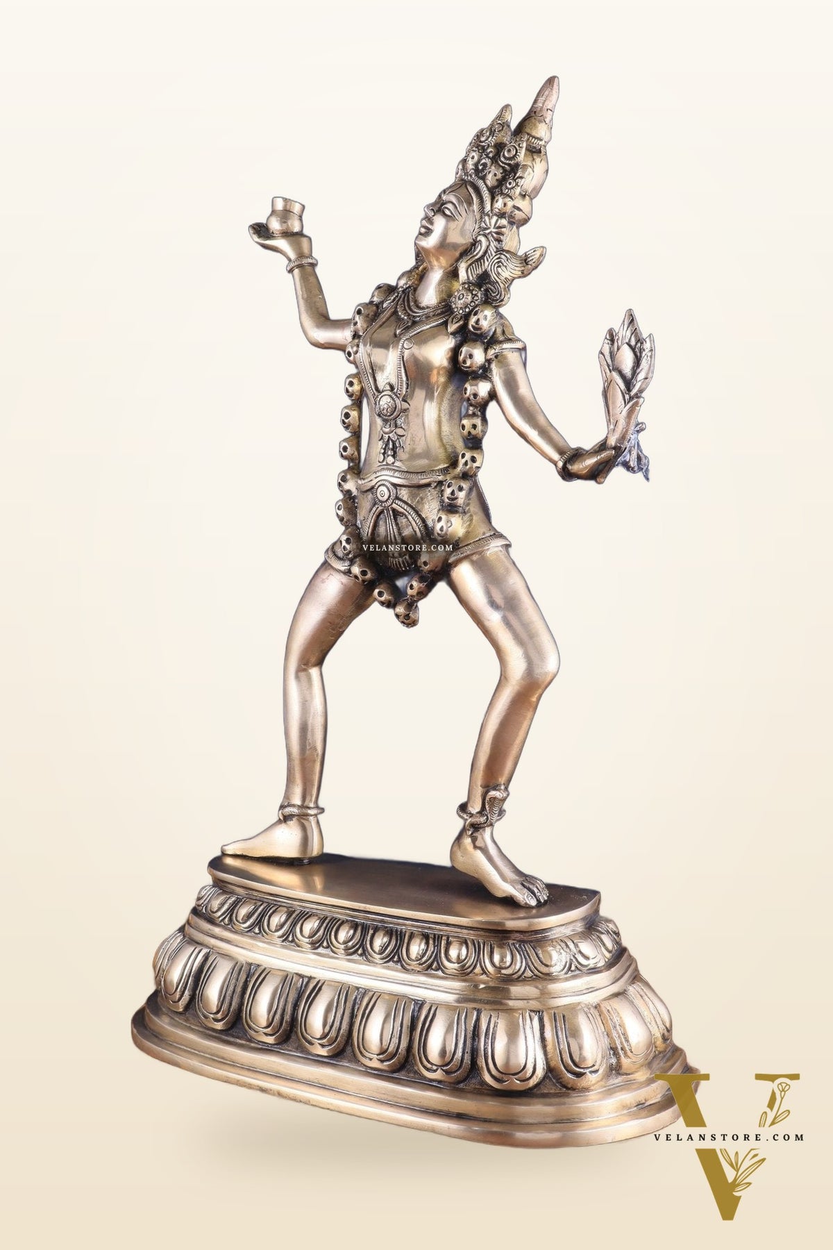 Pure Brass Dancing Kali Idol – Crowned & Adorned with Skull Garland 23"