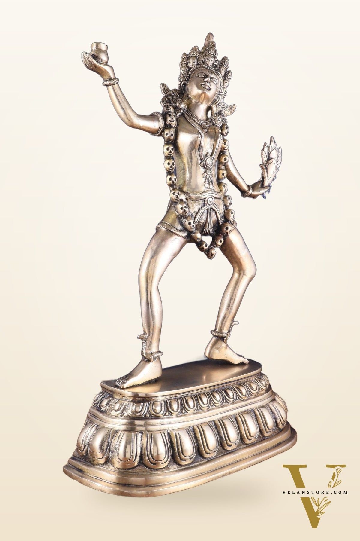 Pure Brass Dancing Kali Idol – Crowned & Adorned with Skull Garland 23"