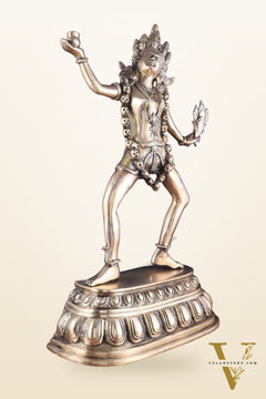 Pure Brass Dancing Kali Idol – Crowned & Adorned with Skull Garland 23"