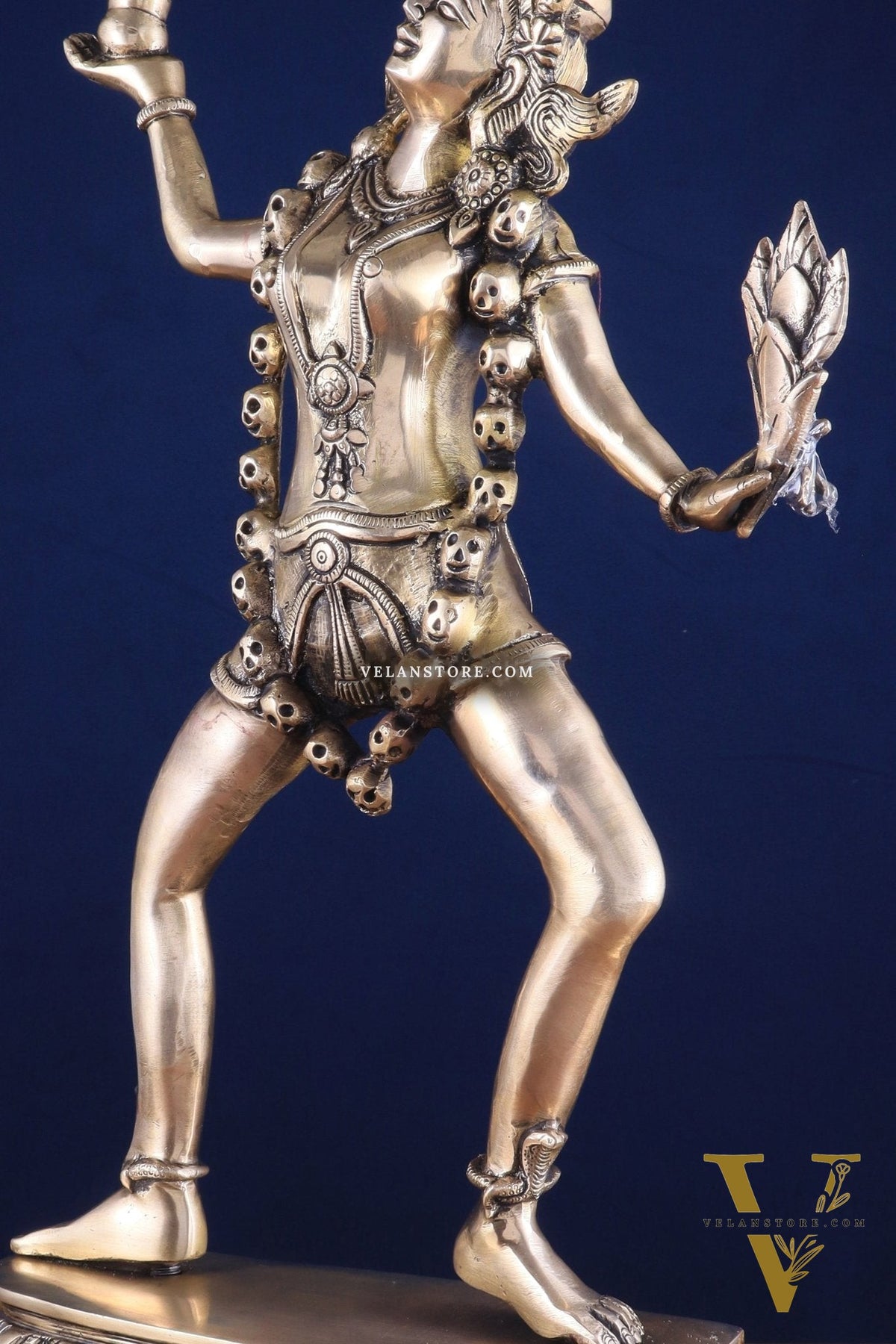 Pure Brass Dancing Kali Idol – Crowned & Adorned with Skull Garland 23"