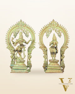 Pure Brass Dancing Shiva Nataraja with Goddess Parvati Sivagami – Green patina 18 inch