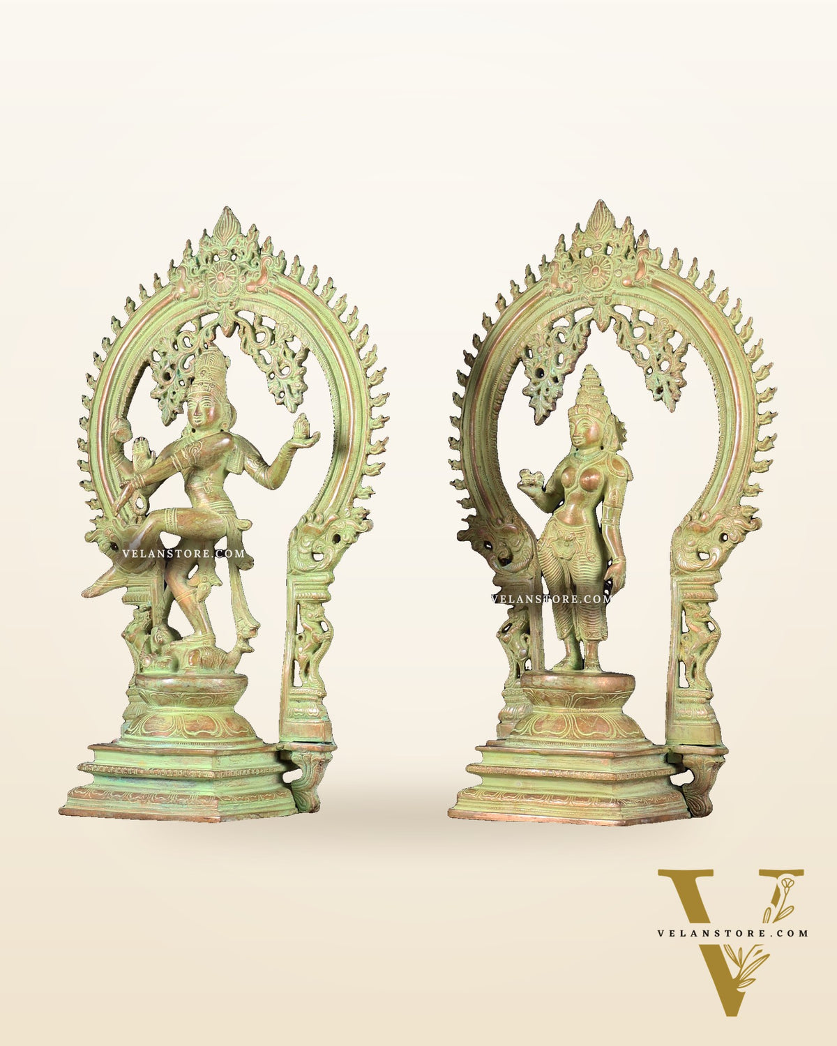 Pure Brass Dancing Shiva Nataraja with Goddess Parvati Sivagami – Green patina 18 inch