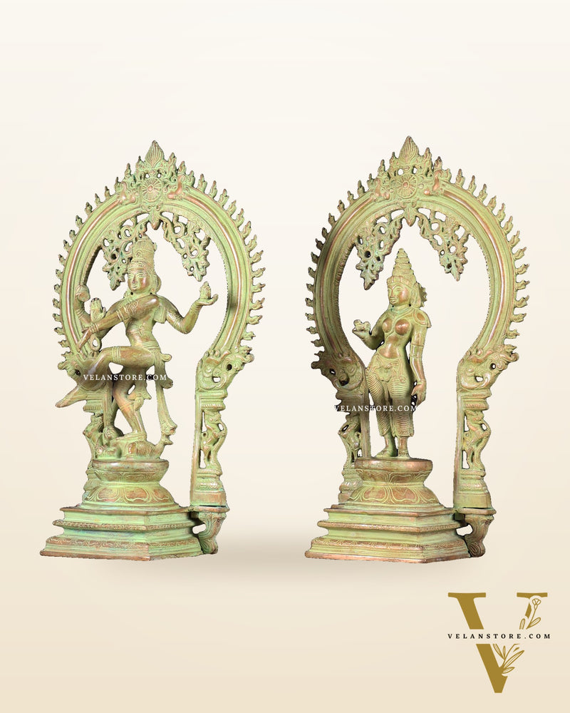 Pure Brass Dancing Shiva Nataraja with Goddess Parvati Sivagami – Green patina 18 inch