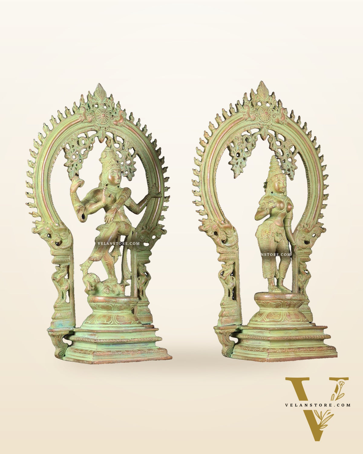 Pure Brass Dancing Shiva Nataraja with Goddess Parvati Sivagami – Green patina 18 inch
