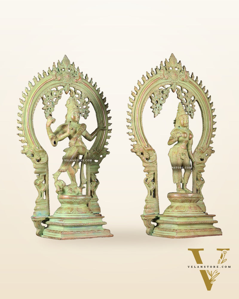 Pure Brass Dancing Shiva Nataraja with Goddess Parvati Sivagami – Green patina 18 inch