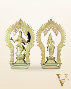 Pure Brass Dancing Shiva Nataraja with Goddess Parvati Sivagami – Green patina 18 inch