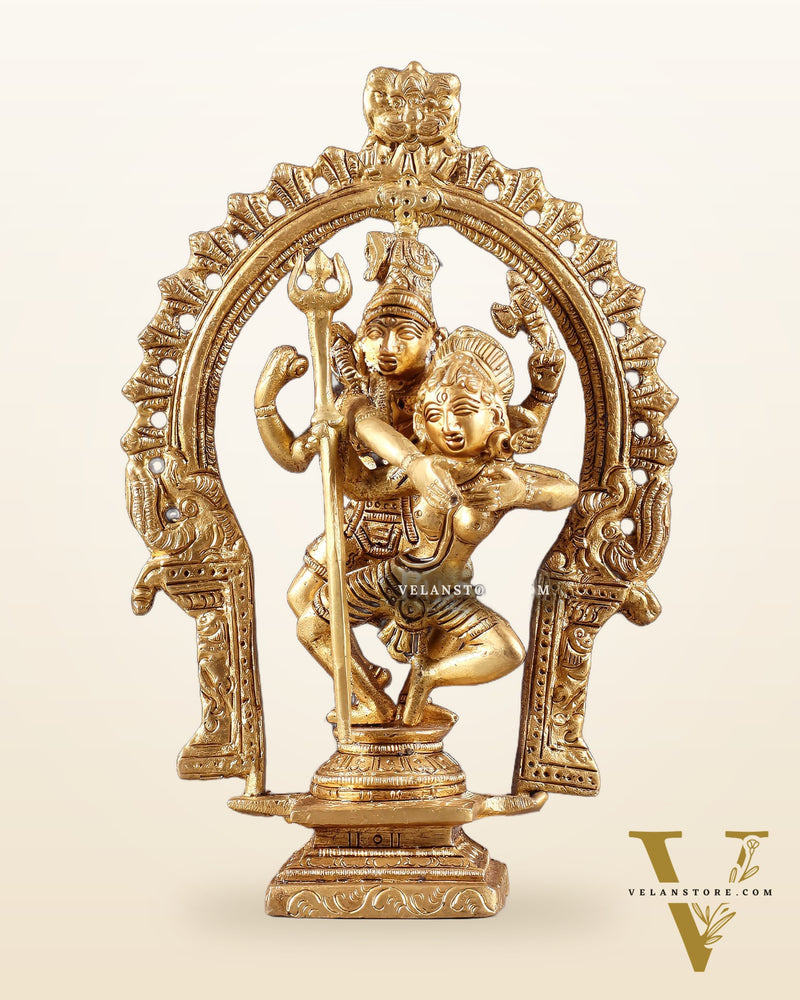 Pure Brass Dancing Shiva Parvati Idol with Prabhavali - 7.5"